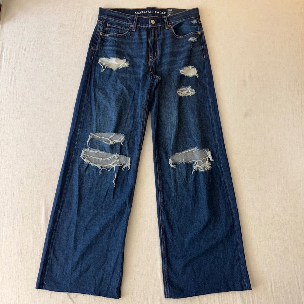 American Eagle Outfitters Dark Blue Distressed Wide Leg Jeans